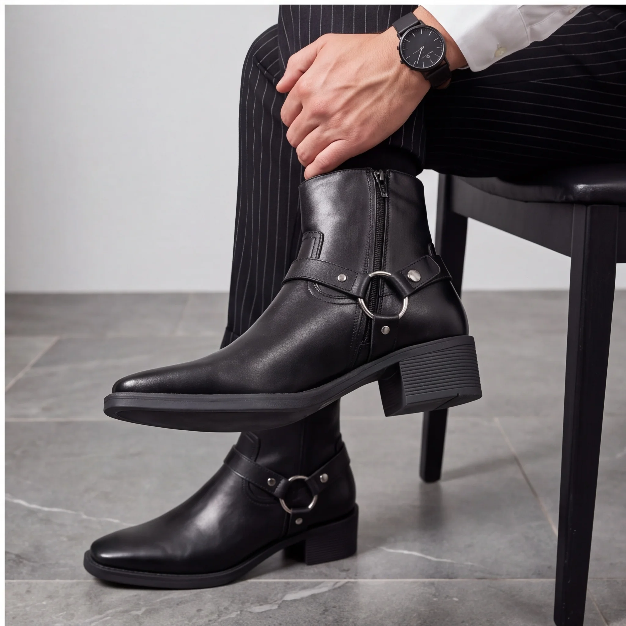 Chelsea-Stiefel für Herren, schwarze Schnallen-Knöchelstiefel mit seitlichem Reißverschluss, spitze Zehenpartie, Blockabsatz – Detail 3