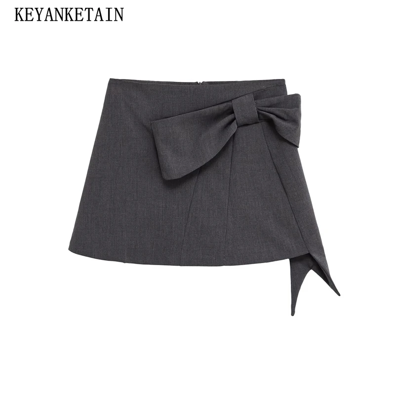 KEYANKETIAN Summer Sweet style Asymmetrical Bow Decoration Mini Skirt 2025 New Women Dark grey Low waist A Line Skirt Pantskirt
