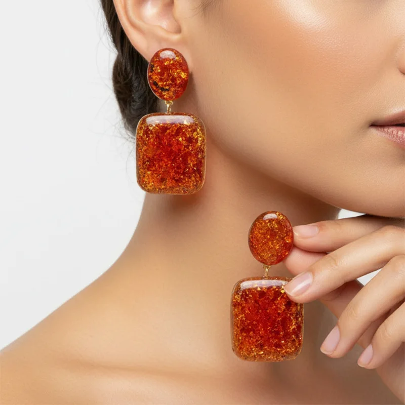 Pendientes geométricos, aretes de alta gama, aretes de ámbar natural retro para mujer