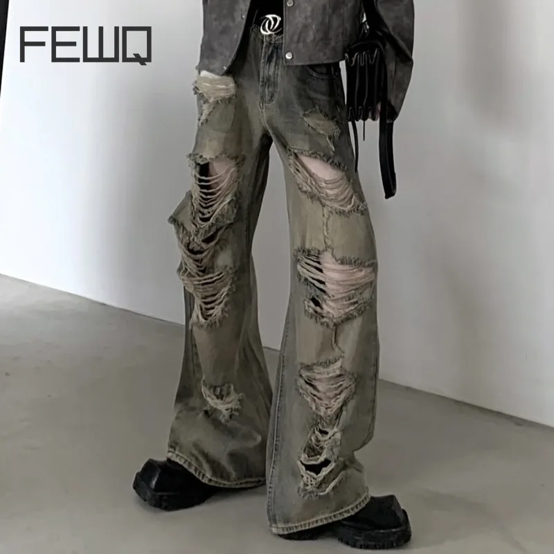 FEWQ Autumn High Street Men's Jeans Wide Leg Unique Design 2025 Vintage Korea Fashion Hollow Out Male Trousers 24E6163