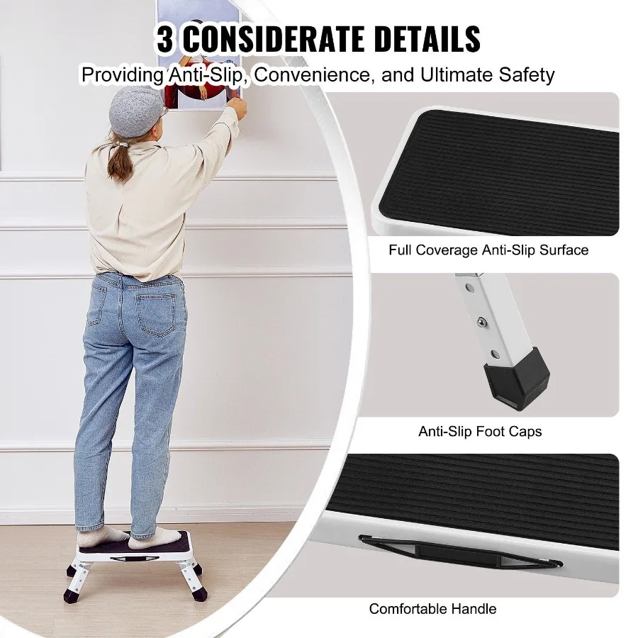 VEVOR สตูลขั้นบันได 1 ขั้น ความจุ 330 ปอนด์ บันไดเหล็กพับได้ 3 ปรับความสูงได้ สตูลขั้นเด็กวัยหัดเดินแบบพกพาสำหรับผู้ใหญ่ ไม่มี