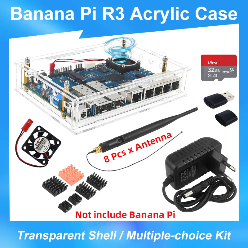 

Акриловый проектор Banana Pi R3 с прозрачной оболочкой, поддержка 8 антенн, дополнительный охлаждающий вентилятор, радиаторы, источник питания для проектора