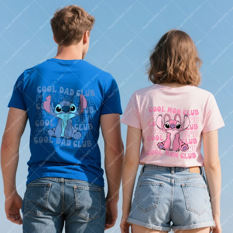 

Disney Lilo Stitch Cotton T-shirt for Dad Mom Family Matching Clothing Summer Adult Casual Cute Tee Men Women Short Sleeve Tops