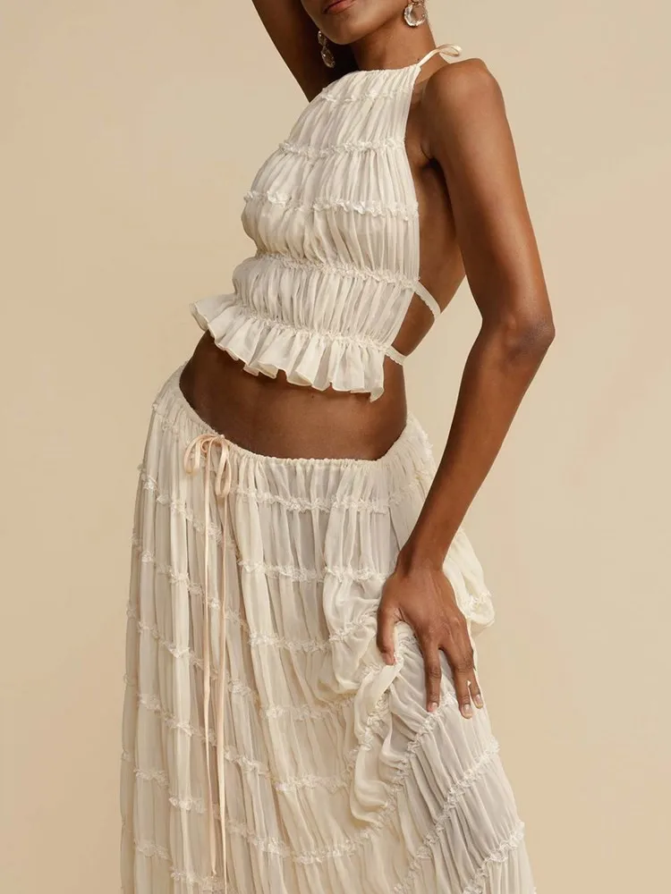 ECR Sexy Two Piece Sets For Women Round Neck Sleeveless Backless Tops High Waist Minimalist Skirt Casual Set Female Clothing New