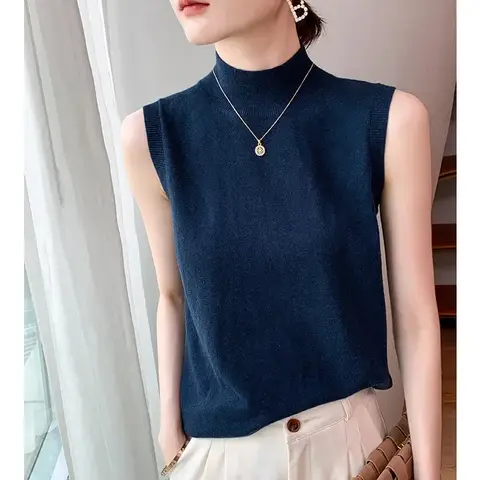 2025 Worsted Pure Wool Women's Autumn And Winter New Half-high Collar Short Slim Fit Inner Base Sweater Sleeveless Vest Women