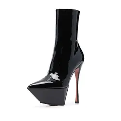 Women's autumn new pointed waterproof platform super high thin heel black leather side zipper patent leather sexy short boots