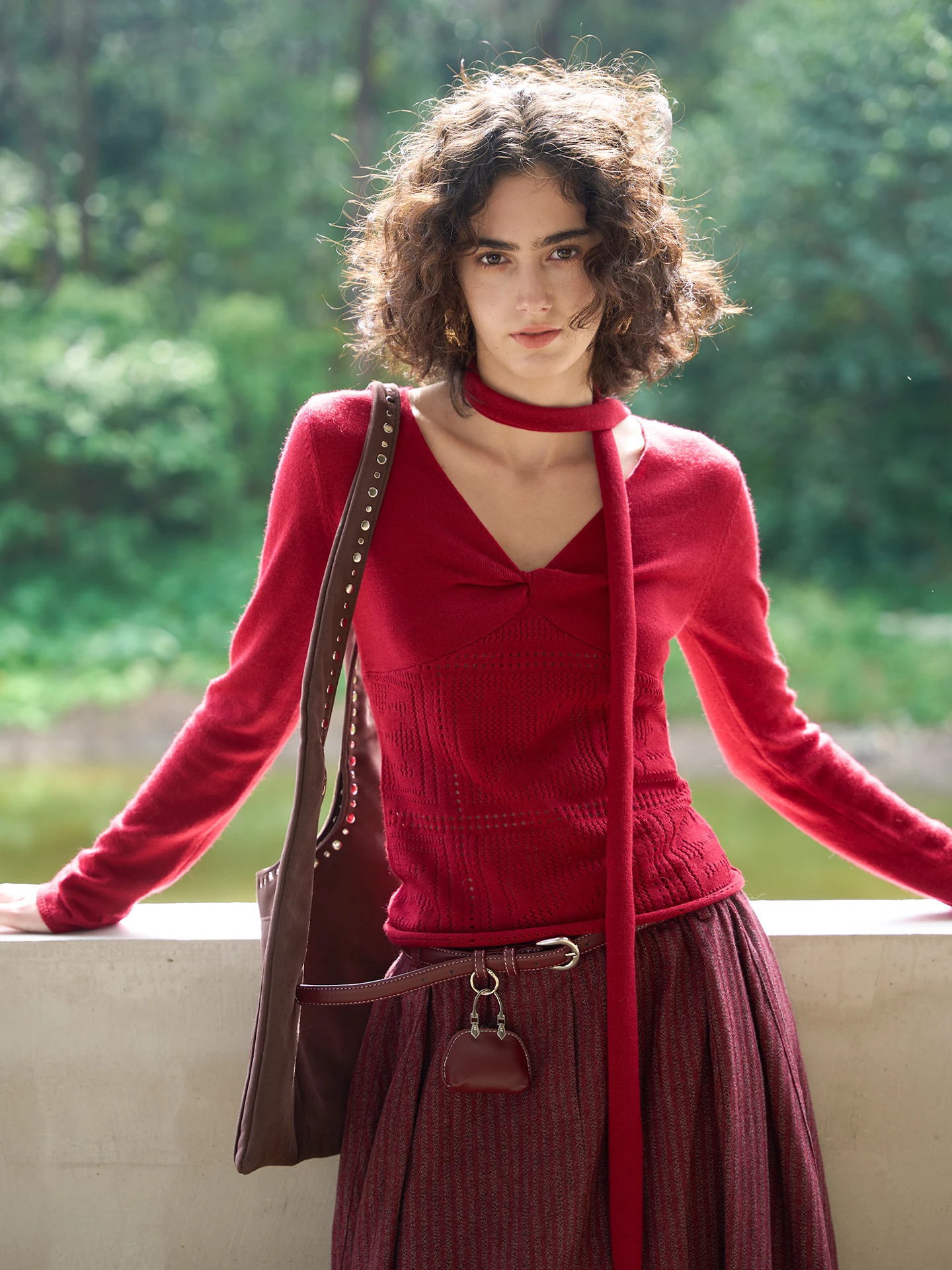 

Винтажный свитер Miorastudio Berry Red с V-образным вырезом, ажурной вязкой и длинными рукавами, из смесовой шерсти, женский, стандартной длины, надевается через голову