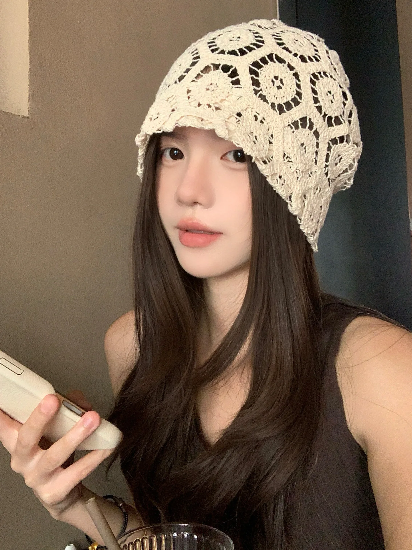 Hand Knitted Hollow Flower Turtleneck Hat Women Spring Summer Thin Large Circumference Face Slimming Versatile Overhead Hat
