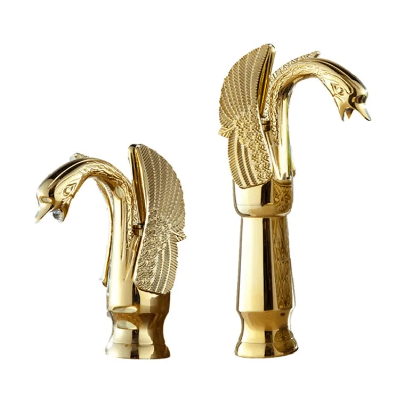 Swan Shape Bathroom Mixer Faucet Tap Deck Mount One Hole Water Taps with Hot Cold Water Golden Color Basin Faucet One Handle