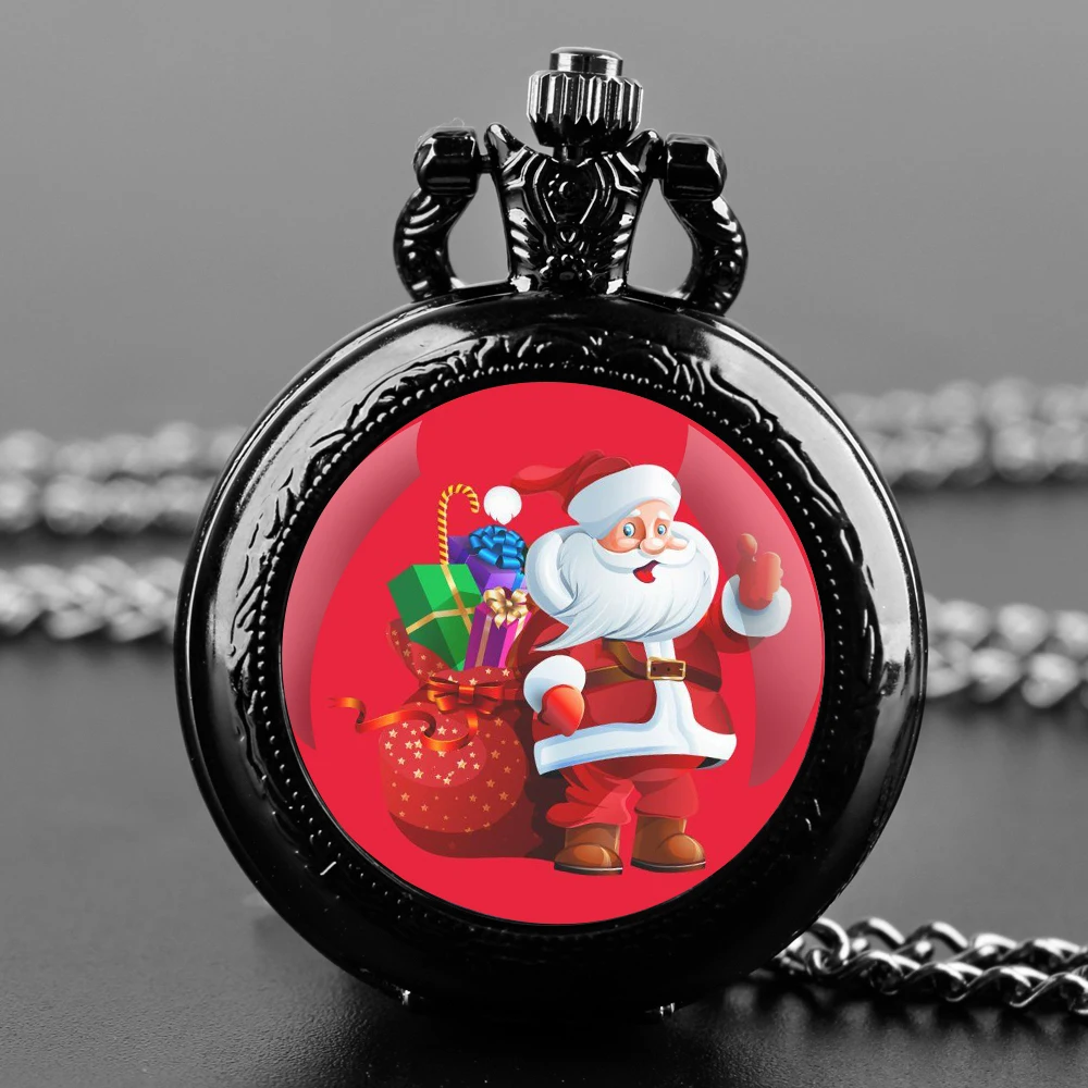 Christmas Santa Claus Glass Dome Quartz Pocket Watch With Durable Chain Arabic Numeral Dial Extraordinary Gifts for Men Kids