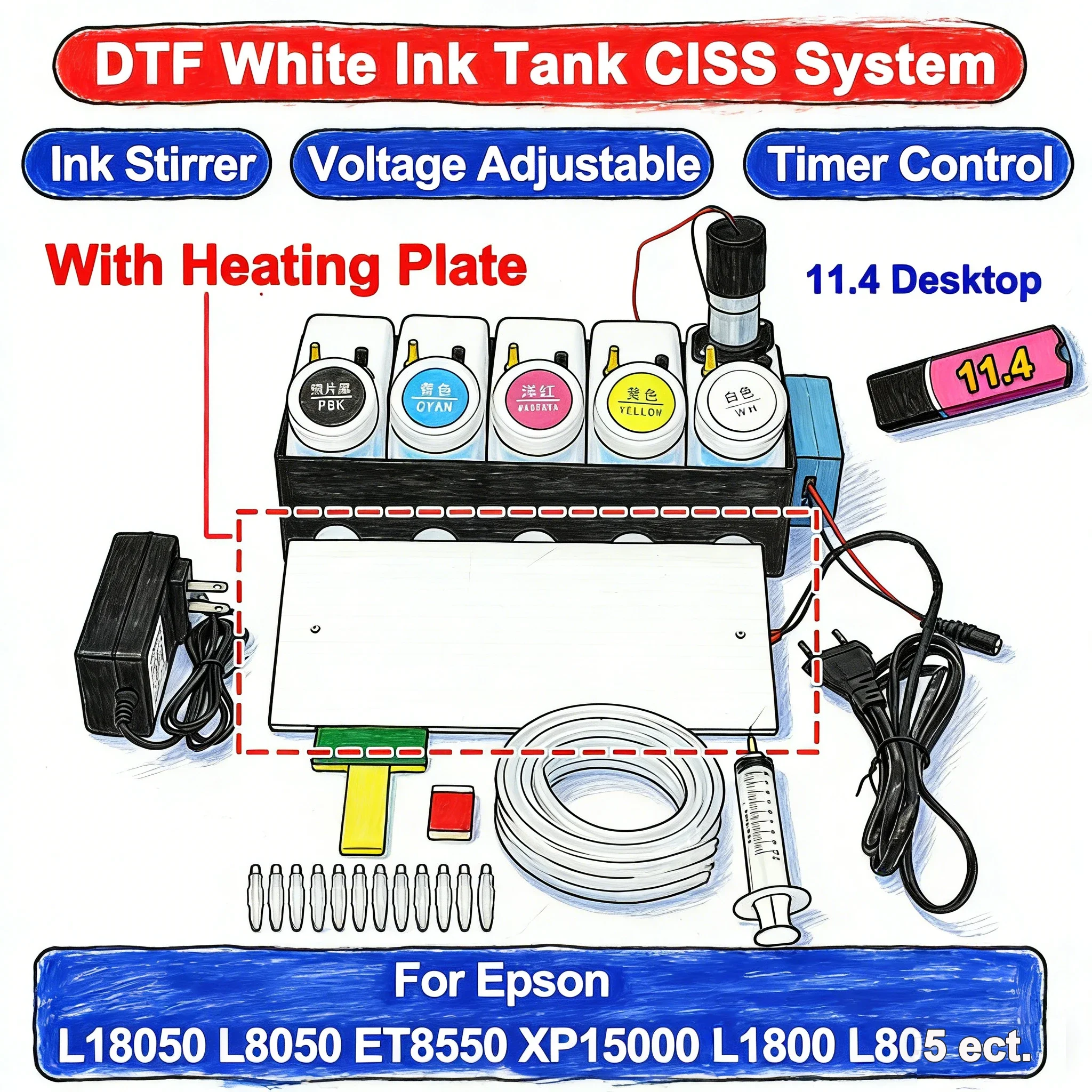 

Universal DTF CISS Ink System with Heating Plate for Epson L1800/L805/L18050/L8050/ET8550/XP15000 - 250mlx5 Tanks DIY Kit
