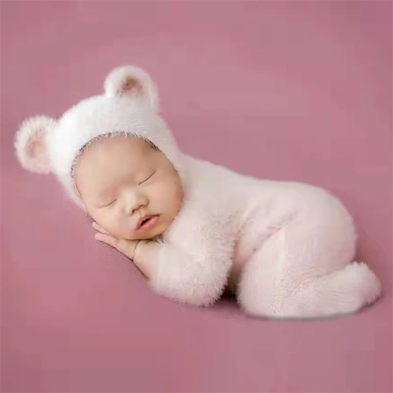 Furry Baby Bear Rompers Footed Jumpsuit Hat 2pcs Sets Mink Hair Infant Boy Girl Photography Clothing Costumes Photo Props