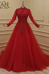 Red Moroccan Kaftan Muslim Evening Dresses A-line Long Sleeves Tulle Appliques Beaded Dubai Arabic Turkey Abaya Islamic Gown