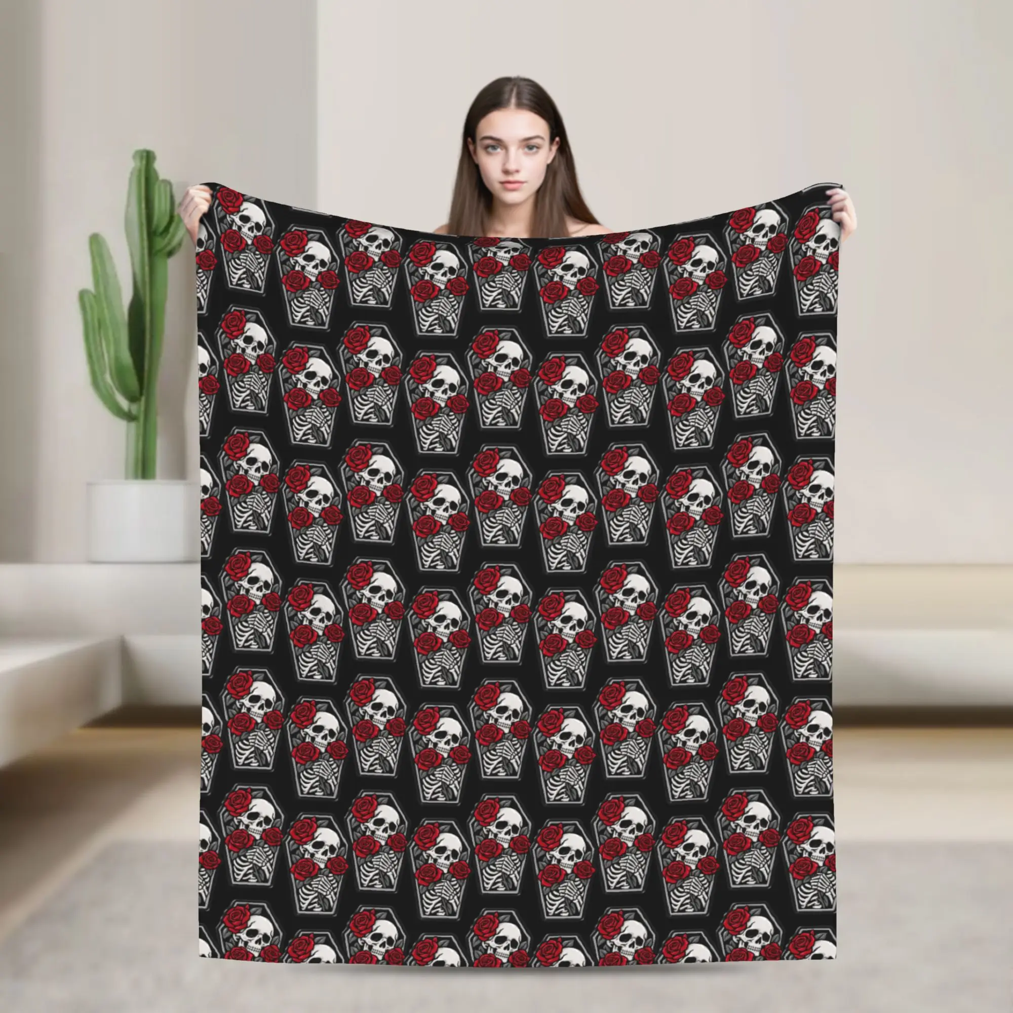 Halloween Theme Skull Coffin Rose Art Soft Warm Blanket Plush Throw Blanket Fashion Bedroom Flannel Bedspread Sofa Bed Cover