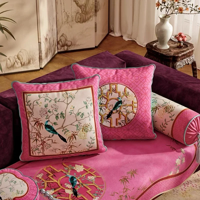 Pinky Velvet Pillow Retro Chinese Flora Birds Pillows Luxury Art Shiny Decorative Pillow Cover For Sofa Chair Home Decorations