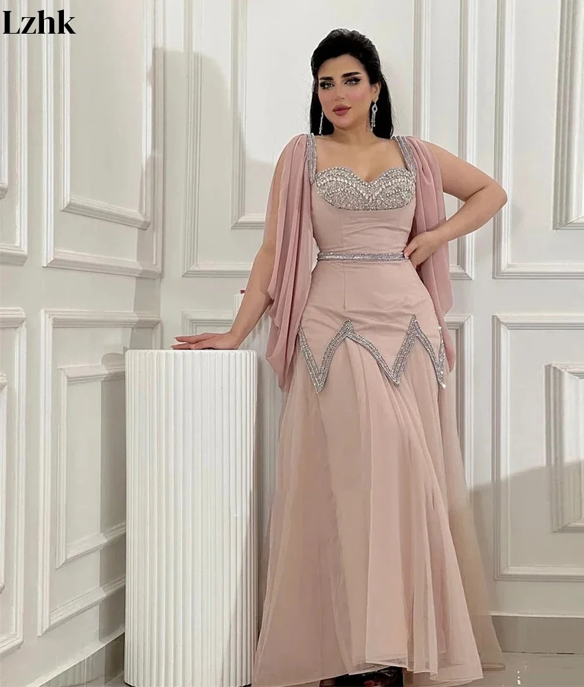 Aangepaste luxe tule a-lijn spaghettibandjes kristallen avondjurk hoge kwaliteit lieverd mouwloos na feestjurk