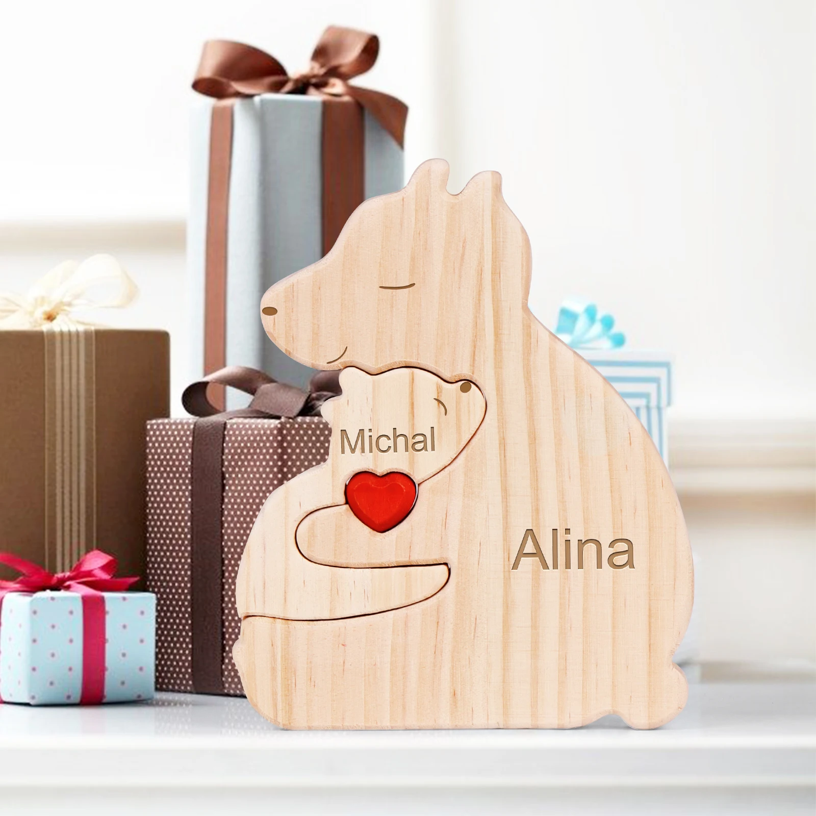 Personalized Wooden Single Parent Bear Puzzle Mothers Day Gifts Custom Family Name Sculpture Wooden Decor Gift for Mom or Dad