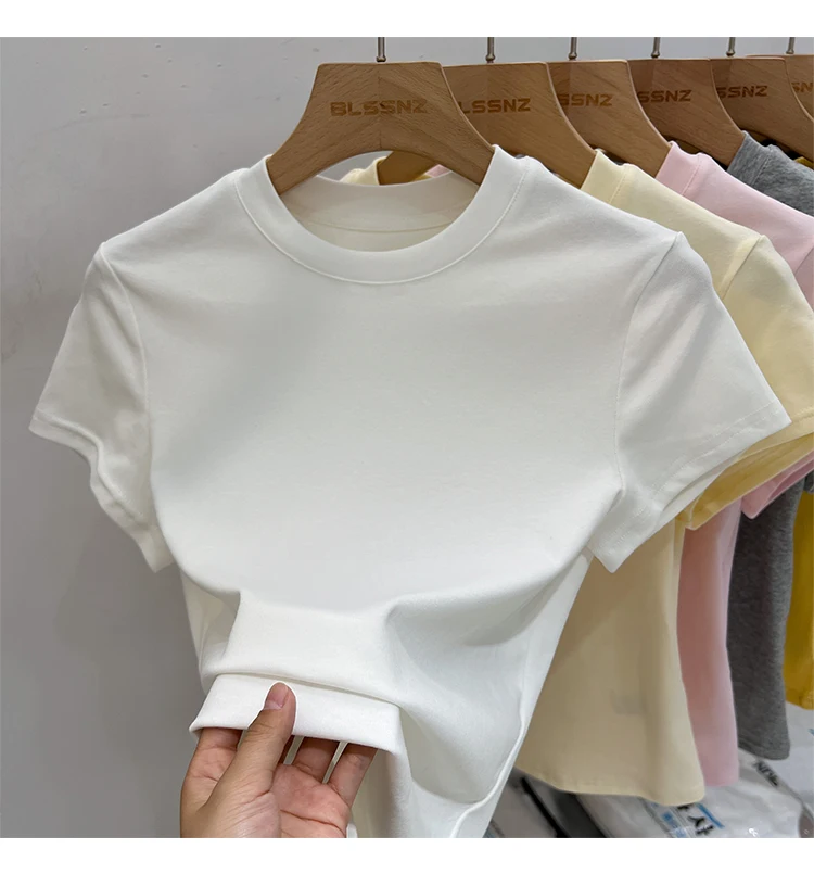 AOSSVIAO 2026 Summer Solid Color Women's Short Sleeve T-Shirt American Vintage Y2K Slim Basic O-Neck Tee Trendy Slim Fit Tops