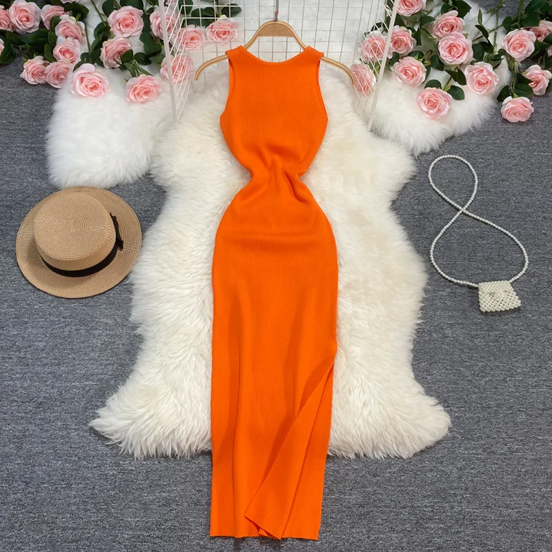 Summer Sleeveless Solid Knit Casual Evening Dress Women High Waist Midi Sheath Dress Ladies Y2k Dresses Women Clothes