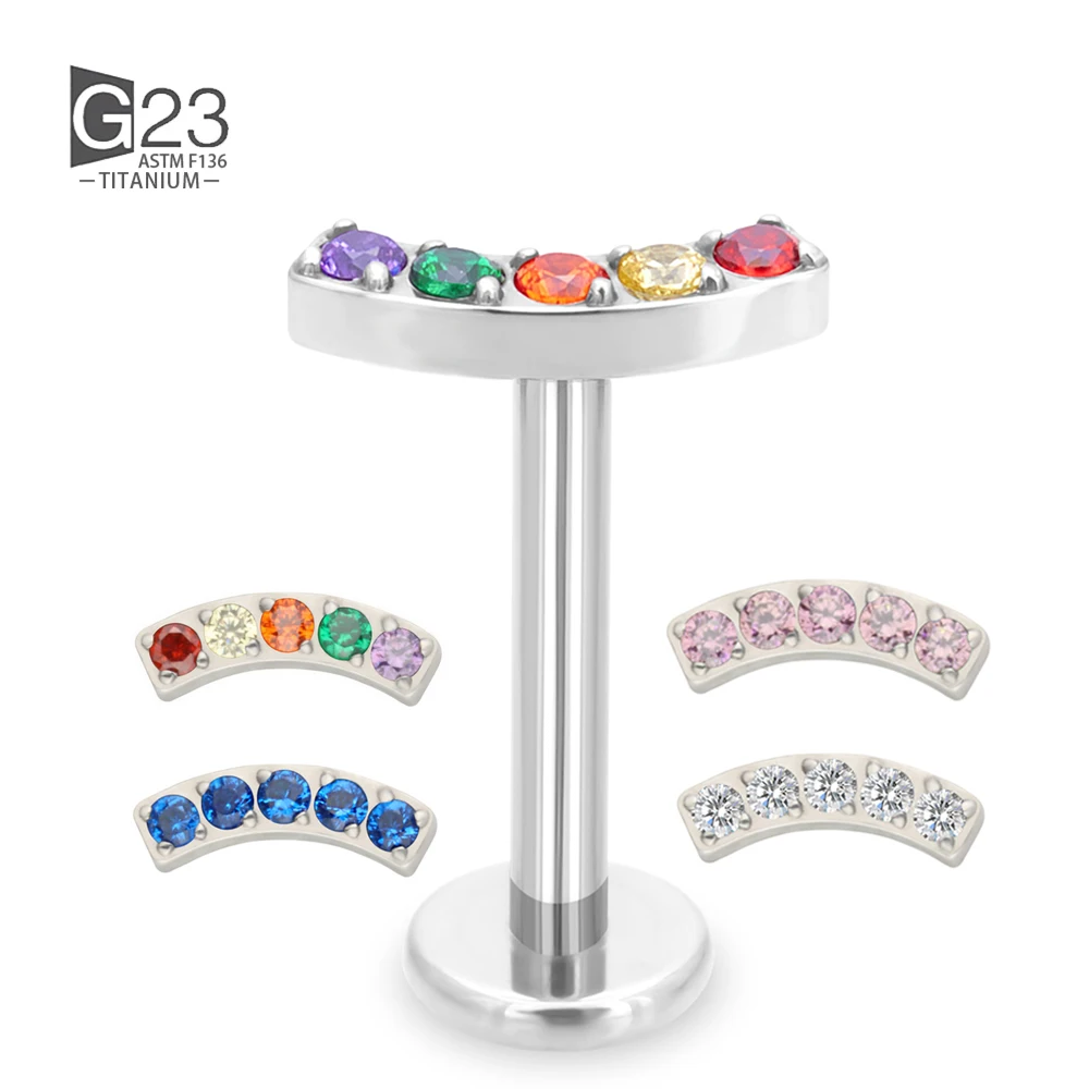 1PC F136 Titanium Ear PIERC Curved Bar Earrings 5 CZ Paved Top Cartilage Threaded Labret Stud Tragus Lip Ring Piercing Jewelry