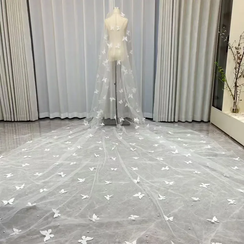 Luxury 5M Long Bride Wedding Veil Pearl Beaded 3D Butterfly Heavy Handmade Catherdral Long Tail Veils Wedding Accessory Custom