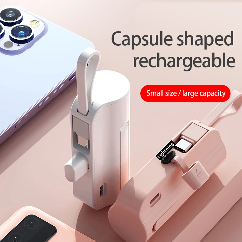 Mini Power Bank 30000mAh Capsule Portable Power Bank Fast Charging Built Cable External Battery Plug Play For iPhone Samsung