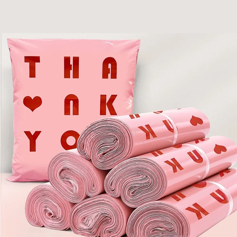 50Pcs/Lot Opaque PE Plastic Express Envelope Storage Bags Pink Bag Red Logo Color Mailing Bags Self Adhesive Seal Courier Bag