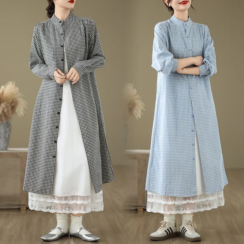 

Художественная клетчатая длинная верхняя одежда размера плюс для женщин ранней осени с воротником-стойкой на пуговицах Long Sve Dr