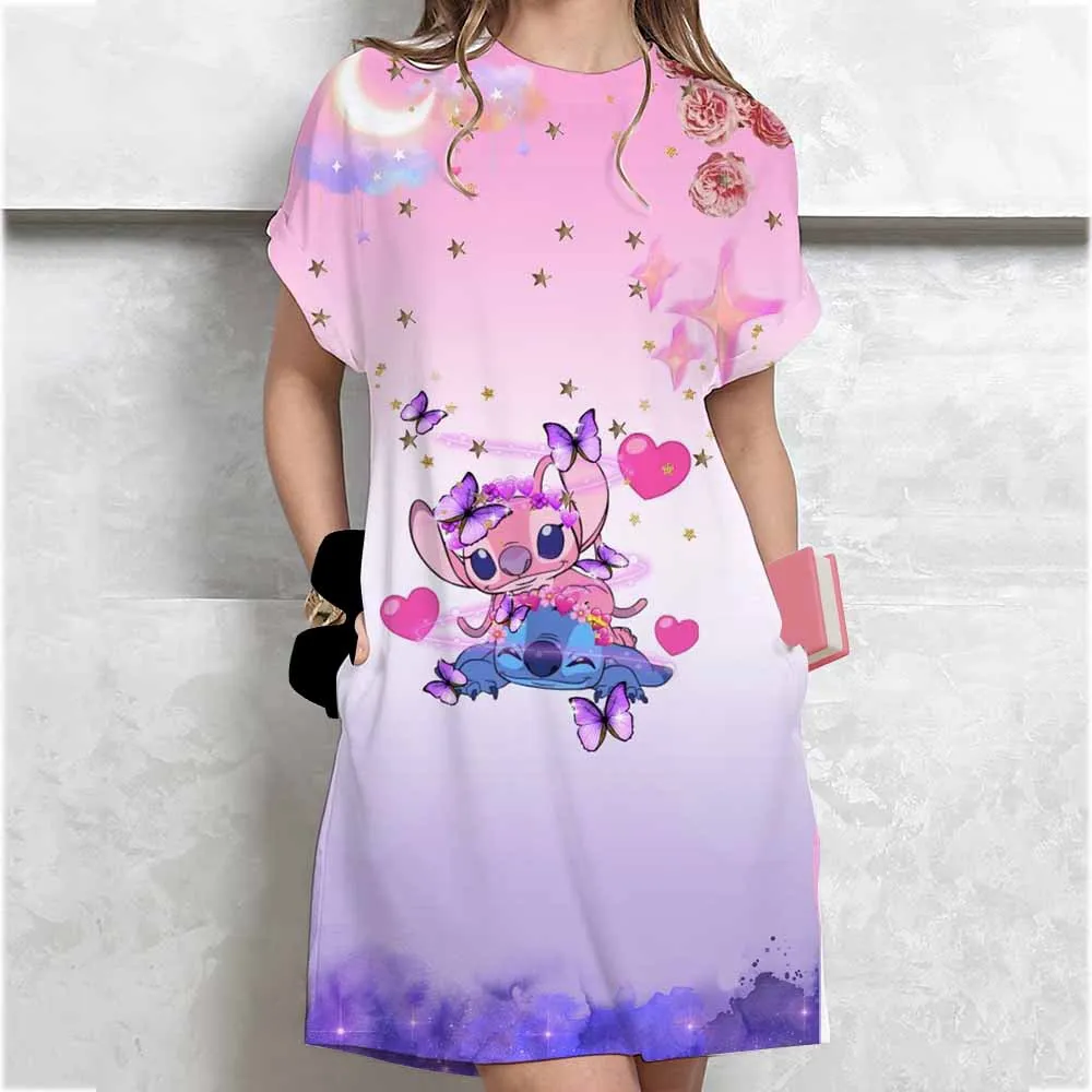 トレンドレディースラウンドネック膝上丈ドレスカジュアルディズニーステッチプリントミニドレス夏半袖クールロングTシャツ