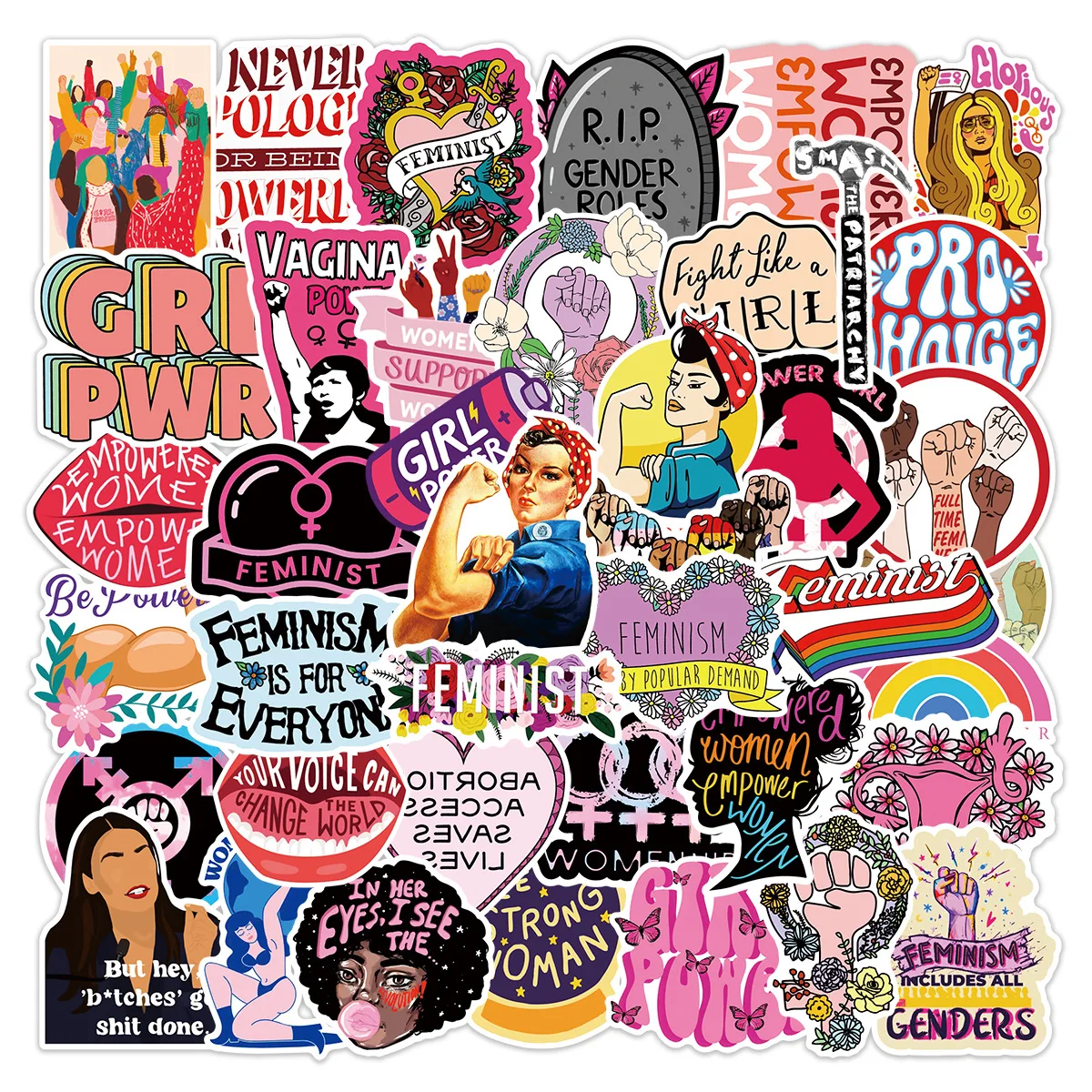 50PCS Cartoon Feminism Stickers Girl Power Slogan Phrase Graffiti Decoration Notebook Suitcase Guitar Refrigerator Phone Decals