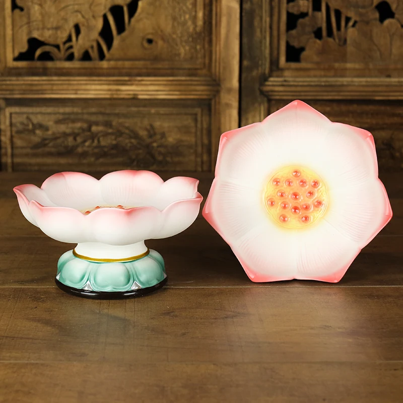 Ceramics Colorful Lotus Flower Offer Worship Buddha High-legged Plate Guanyin Household Temple Worship Meditation Hotel Lobbies