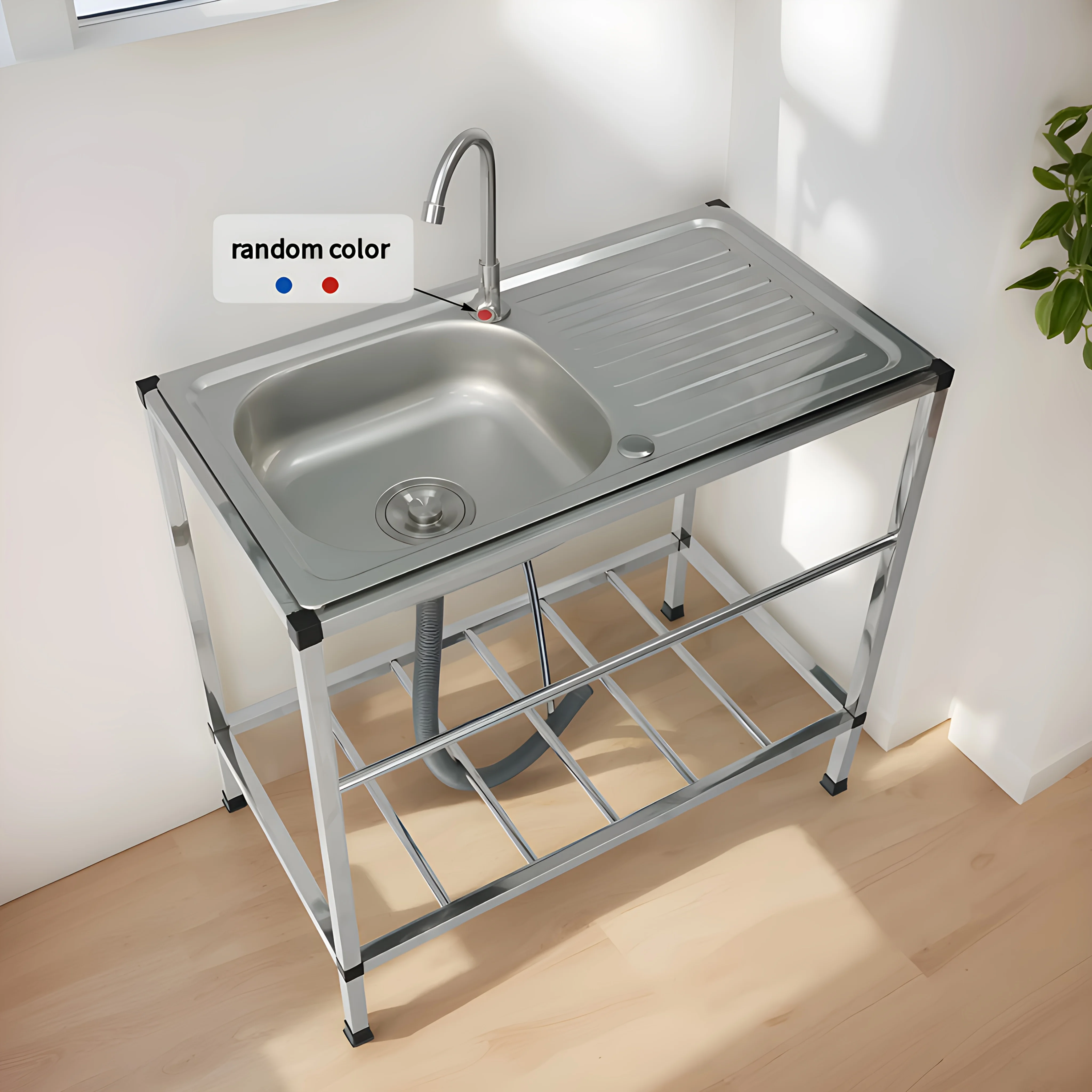 All-in-one Stainless Steel Countertop Sink with A Freestanding Stand; The Countertop Provides Space for Storing Items