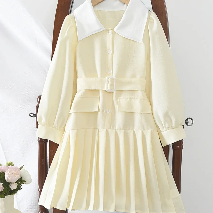 Girls Skirt 2026 Spring And Autumn New Childrens Clothing Girls Baby Fashion Simple Long Sleeve White Lapel Pleated Skirt Belt