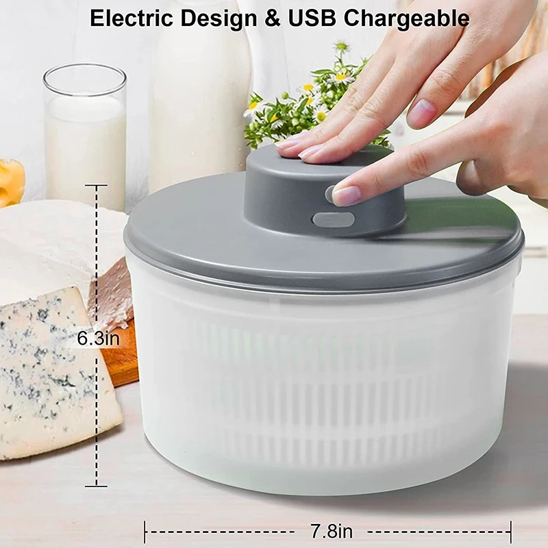 Electric Salad Spinner-Lettuce Vegetable Dryer, USB Rechargeable, Quick Drying Lettuce Fruit Spinner Material Bowl