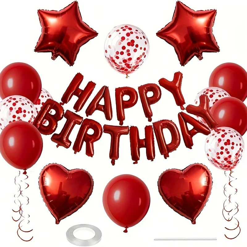 29pcs Red Birthday Balloon Set, Red Happy Birthday Banner, Five-Pointed Star Heart Foil Confetti Balloons, Party Supplies