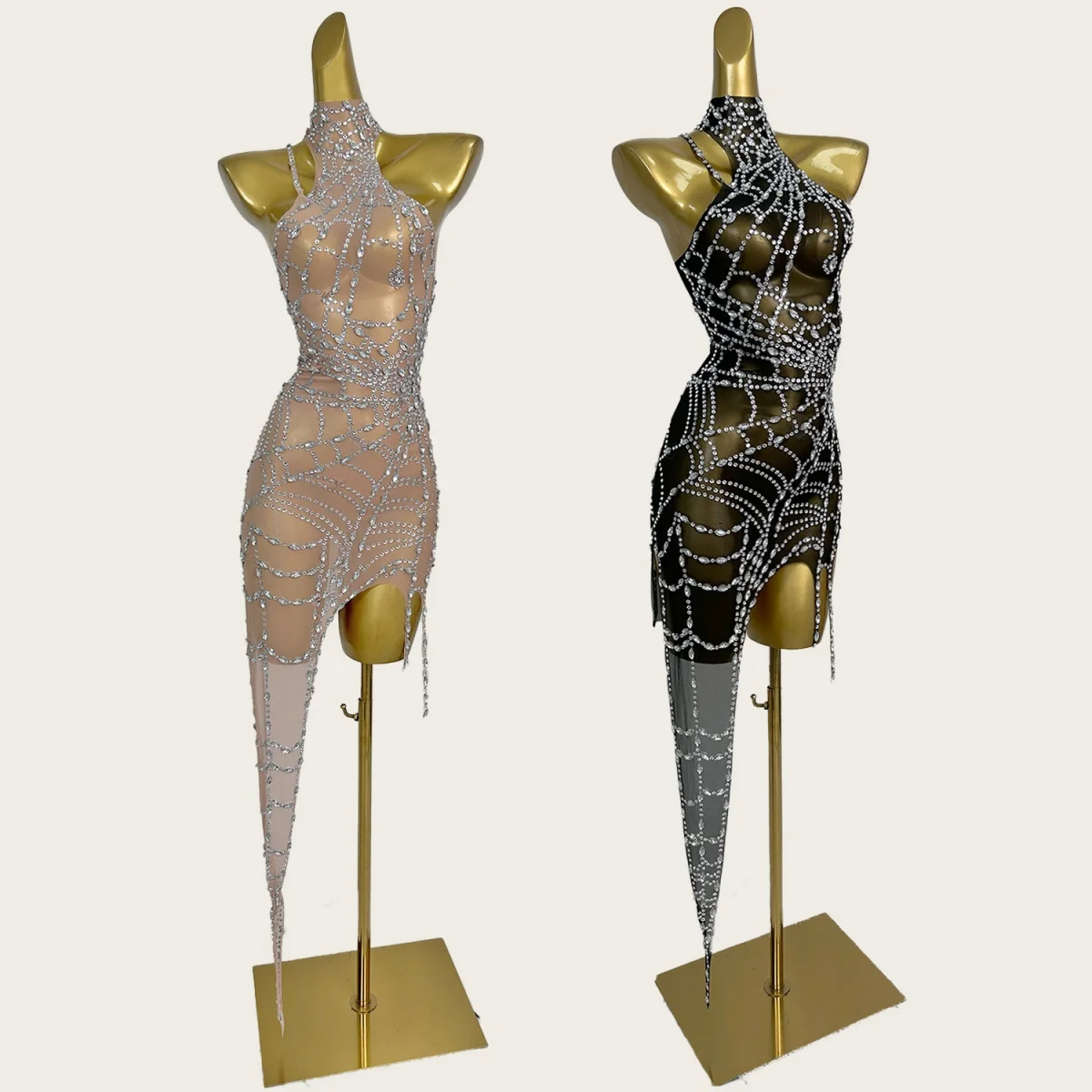 

High-end Crystals See Through Mesh Mini Dress Celebrate Party Spicy Girl Outfit Bar Stage Performance Wear Sparkly Dress Zhizhu