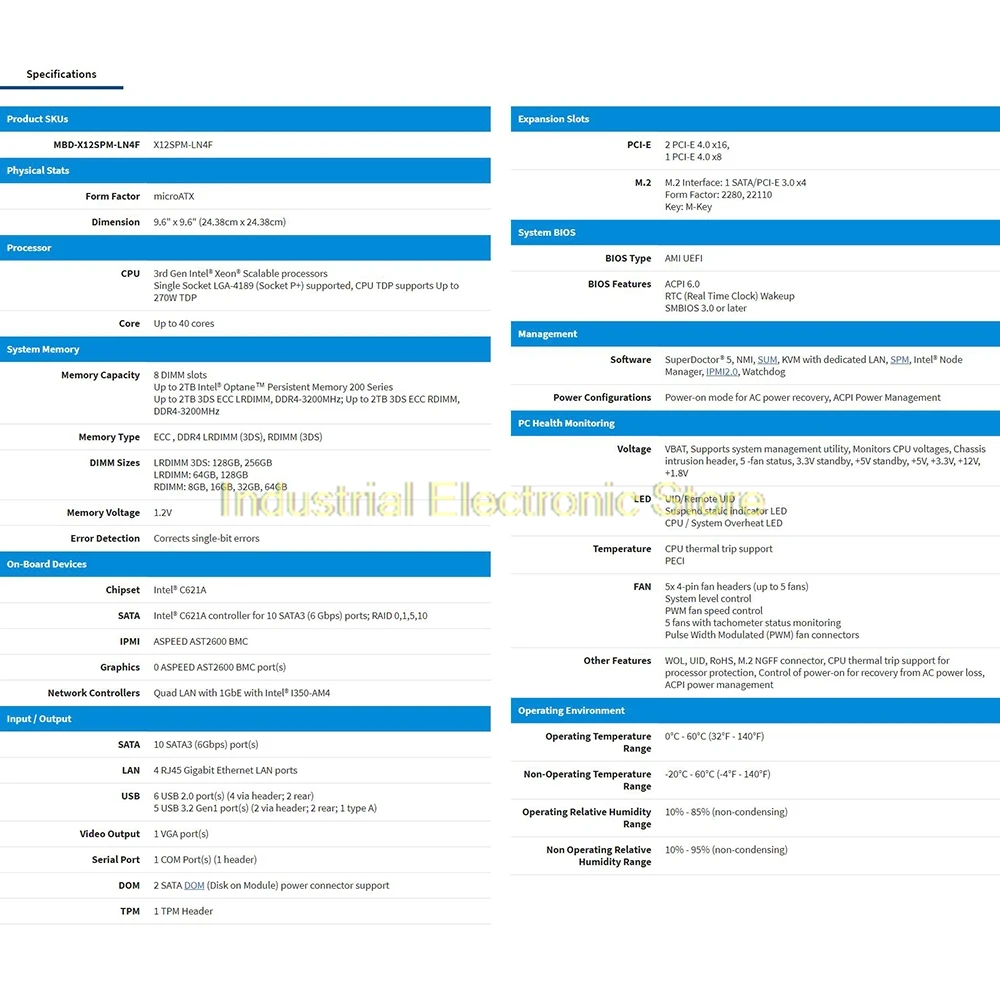 M-ATX DDR4-3200MHz C621A LGA-4189 10XSATA 3 For Supermicro Server Motherboard X12SPM-LN4F