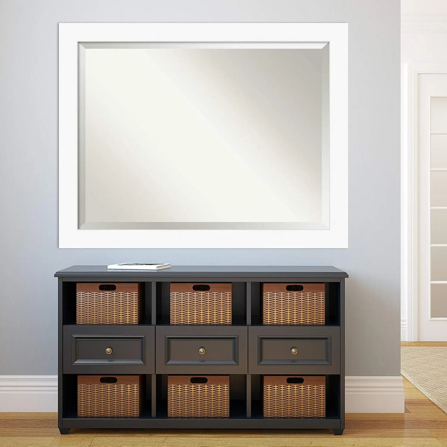 White Bathroom Mirror 35x45 Rectangle Vanity Wall Modern Frame Horizontal Vertical Beveled Edge, Customized