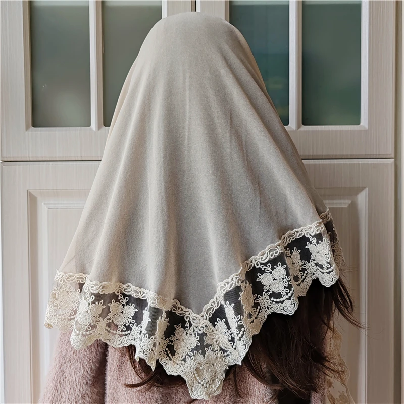 Triangle Mantilla Floral Women Veils Catholic For Mass Church Head Covering Vintage Chapel Embroidered Lace Silk Chiffon