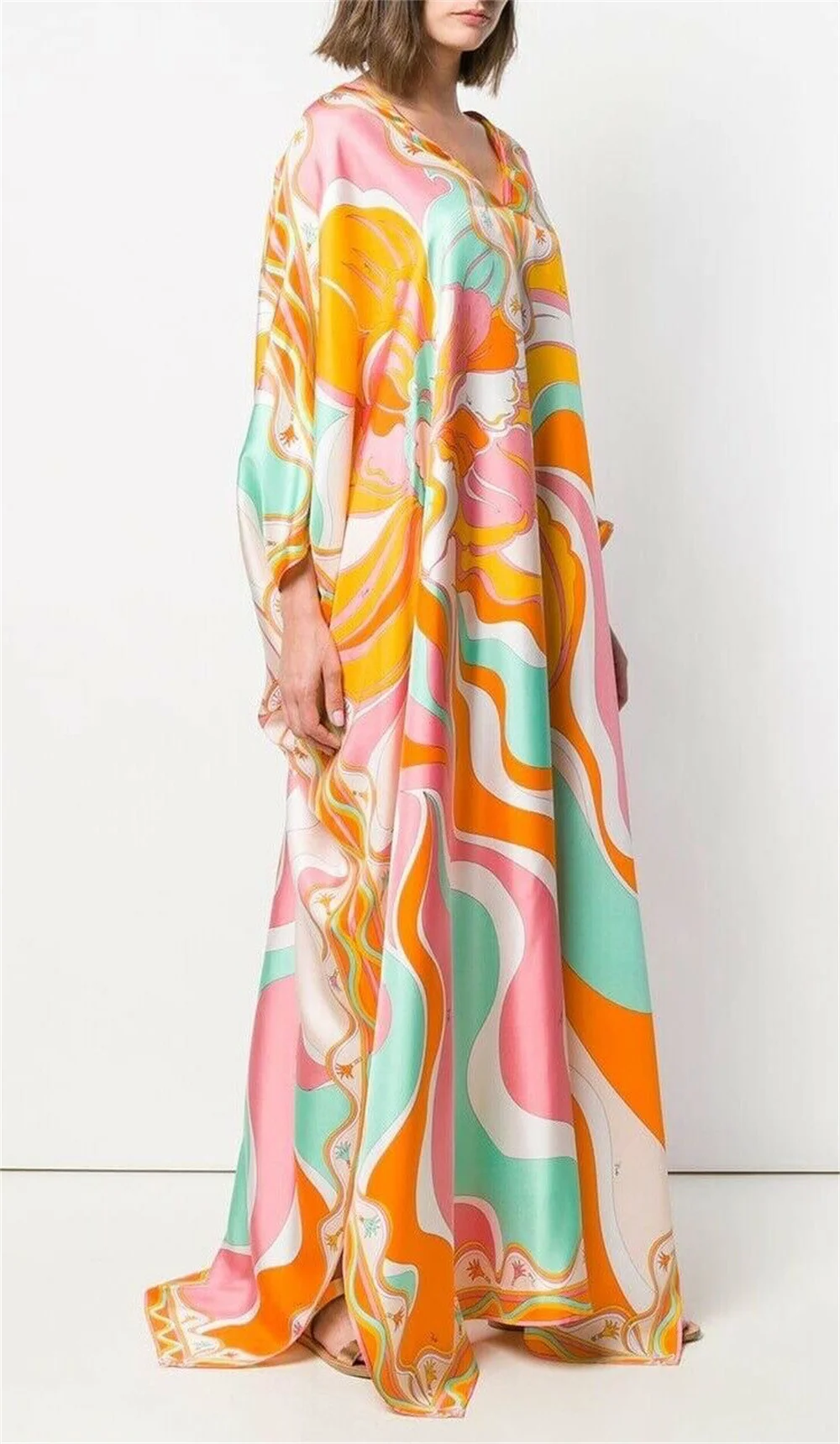 Imagem -06 - Vestido Kaftan de Seda Feminino Decote em v Vestido Maxi Longo Capa Estampada em Maiô Laranjas Luxo Inspirado em Estilista 2023