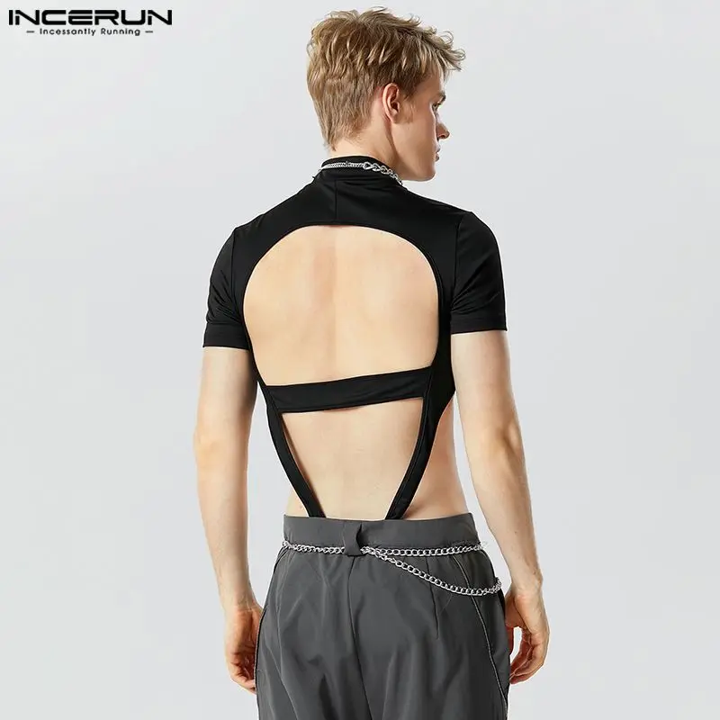 Fashion Casual Men Homewear Jumpsuits INCERUN Symmetric Hollow Design Short Sleeve Half High Neck Solid Triangle Bodysuits S-5XL