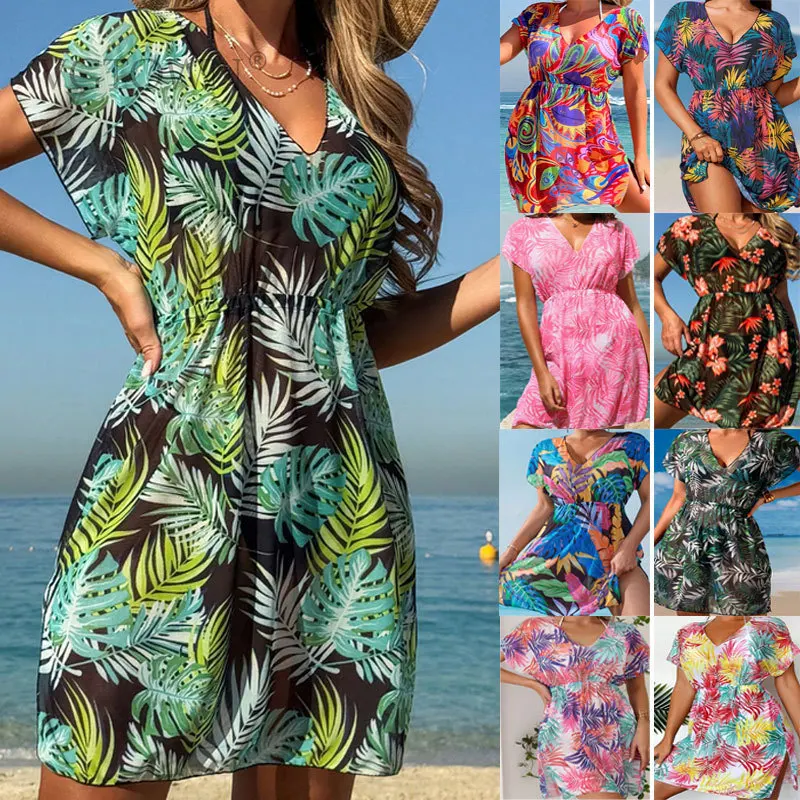 2026년 신상 플러스 사이즈 여름 패션 섹시 프린트 브이넥 루즈핏 대형 비치 드레스 비키니 수영복 커버업 여성용