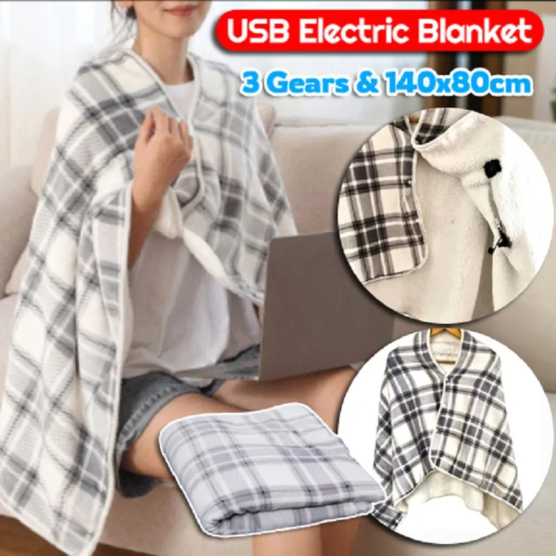 

USB Heated Warm Shawl Cold Protection Warm Carpet Electric Heating Blanket 3 Heat Settings Home Office Back Knee Warmer 140x80CM