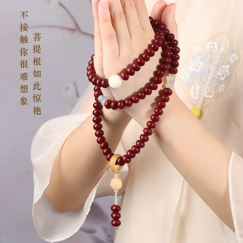 Red Bodhi Bracelet with 108 Buddha Beads Necklace Bracelet Niche Zodiac Year Multiple Circles Cultural Decorative Accessories