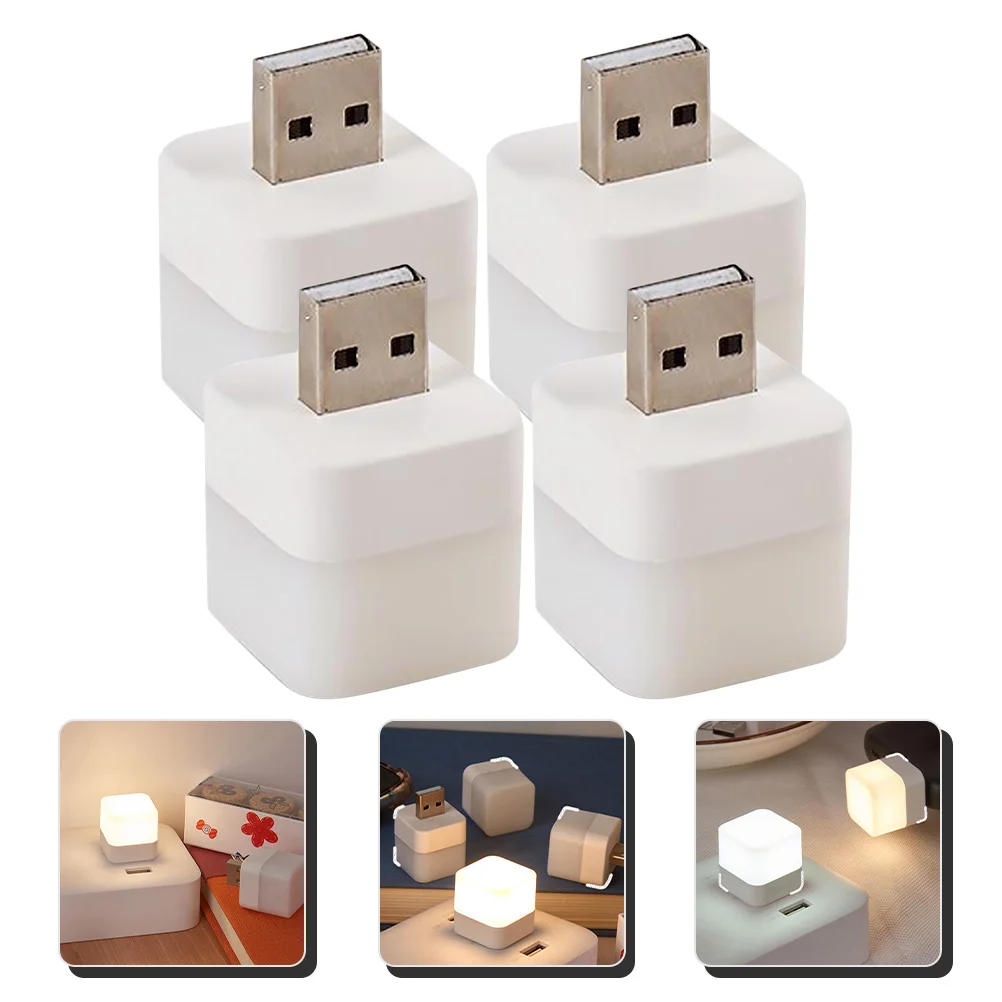 

4 Pcs LED Mini Night Light Square Small Night Lamp USB Plug In Warm Light Bulbs Modern Aesthetic Indoor Outdoor
