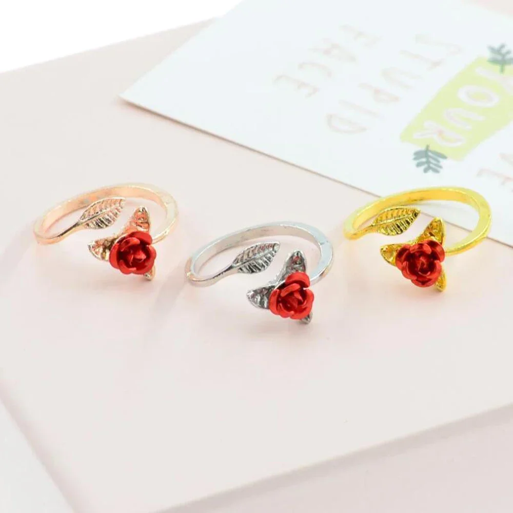 FSUNION 2025 New Fashion Red Rose Flower Leaves Resizable Gold Color Finger Rings Jewelry Open for Women Party Jewelry Gifts