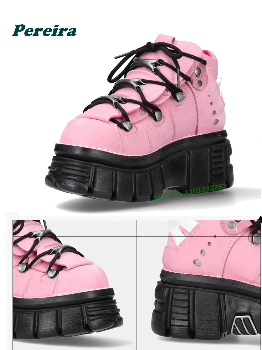Pink Metallic Rock Ankle Boots Tank Soled Platform Punk Motorcycle Boots Spicy Girls Y2K Street Style Retro Women's Shoes Spring view 5