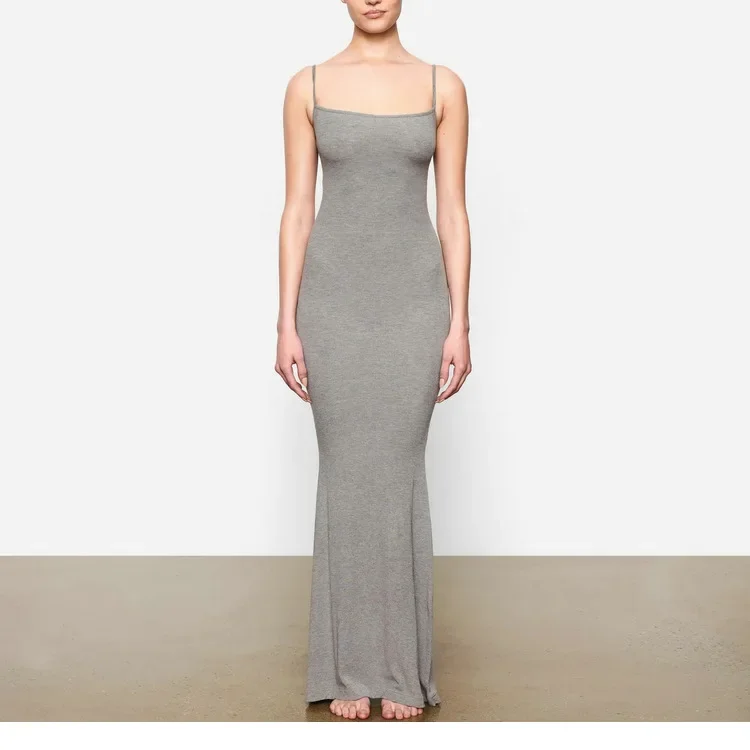 

Female Solid Color Square Neck Sleeveless Midi Dresses Suspender Long Dress for Women Slim Fit 2025 Spring Summer