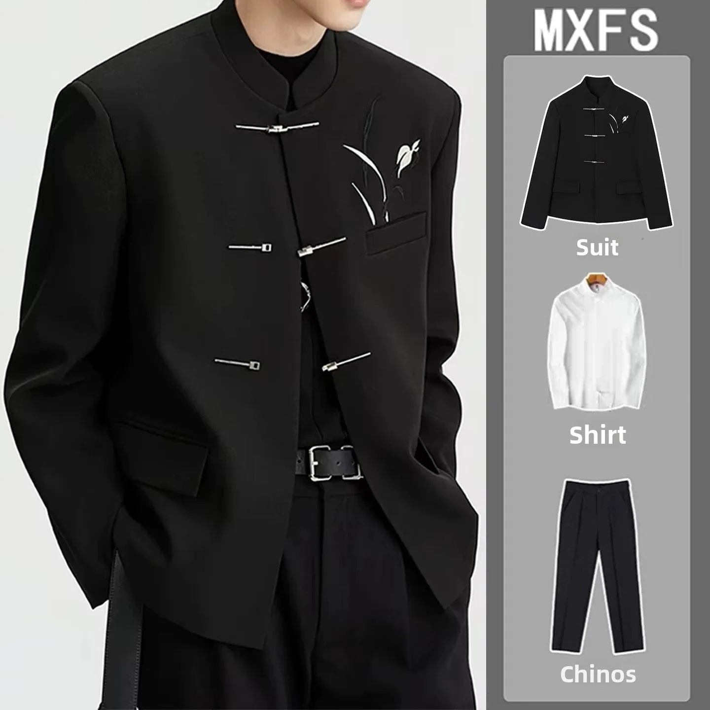 

New Chinese Style Embroidered Stand Collar Men's Wedding Suit Set Standard Fit Spring Autumn Fashion No Brand Polyester Fiber