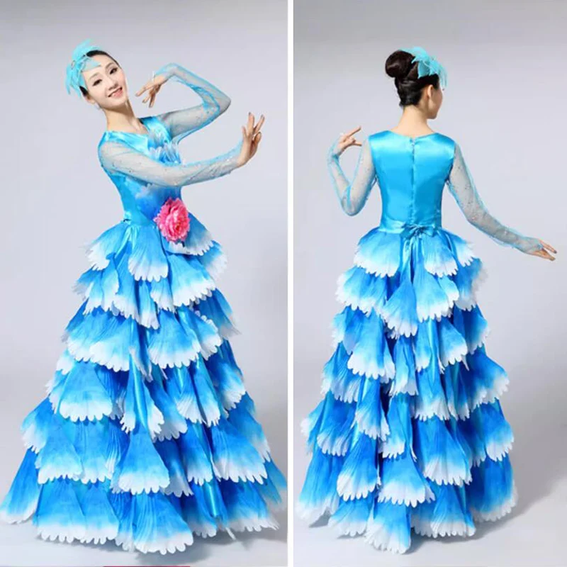 Damen Spanisches Flamenco Stierkampf-Kleid, Eröffnungstanz, Großer Schwung, Blütenblatt-Design, Klassische Kleider, Bühnentänzerin, Performance-Rock, Kostüm – Detail 8